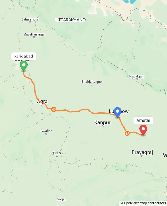 Route map showing distance and travel time from Faridabad, India to Amethi, India