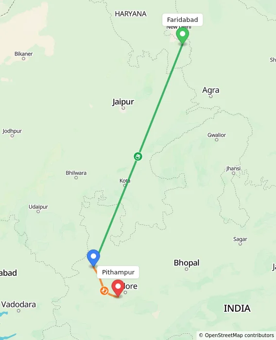 Route map showing distance and travel time from Faridabad, India to Pithampur, India