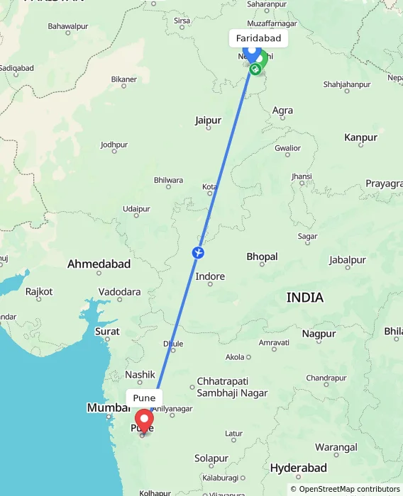 Route map showing distance and travel time from Faridabad, India to Pune, India