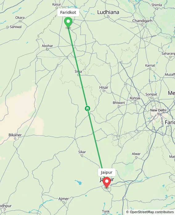 Route map showing distance and travel time from Faridkot, India to Jaipur, India