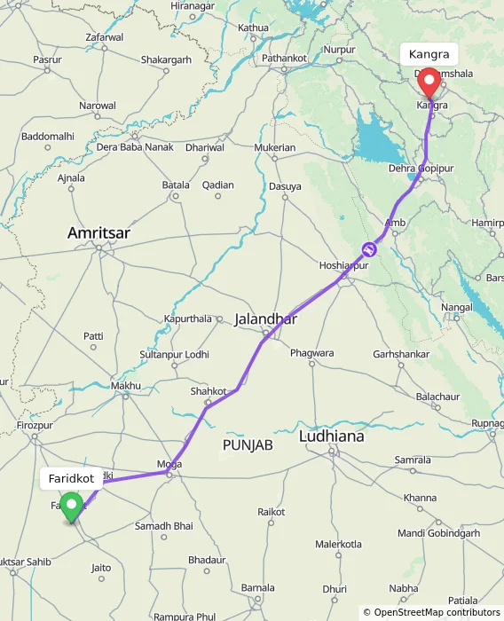 Route map showing distance and travel time from Faridkot, India to Kangra, India