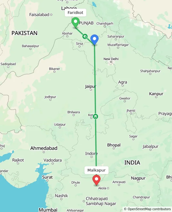 Route map showing distance and travel time from Faridkot, India to Malkapur, India