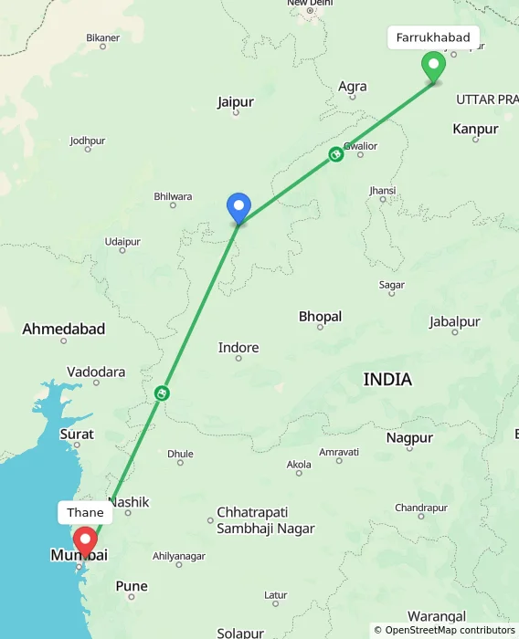 Route map showing distance and travel time from Farrukhabad, India to Thane, India