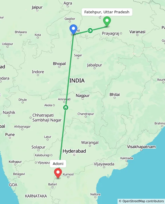 Route map showing distance and travel time from Fatehpur, Uttar Pradesh, India to Adoni, India