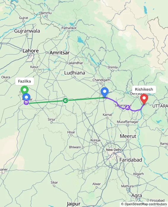 Route map showing distance and travel time from Fazilka, India to Rishikesh, India