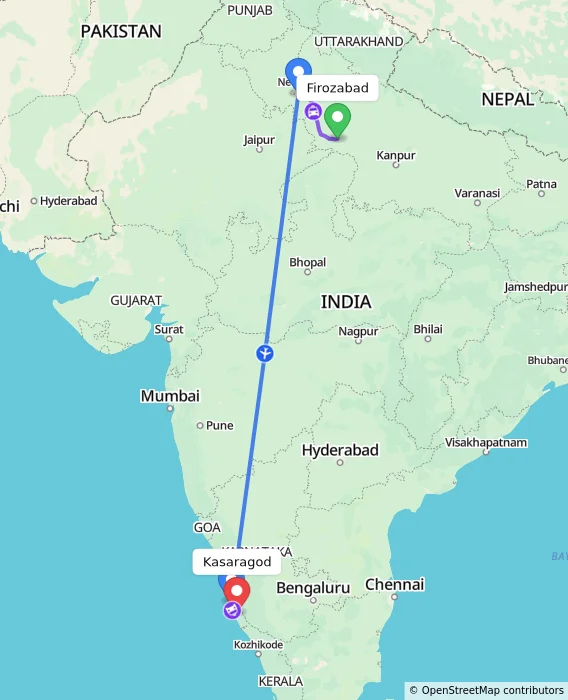 Route map showing distance and travel time from Firozabad, India to Kasaragod, India