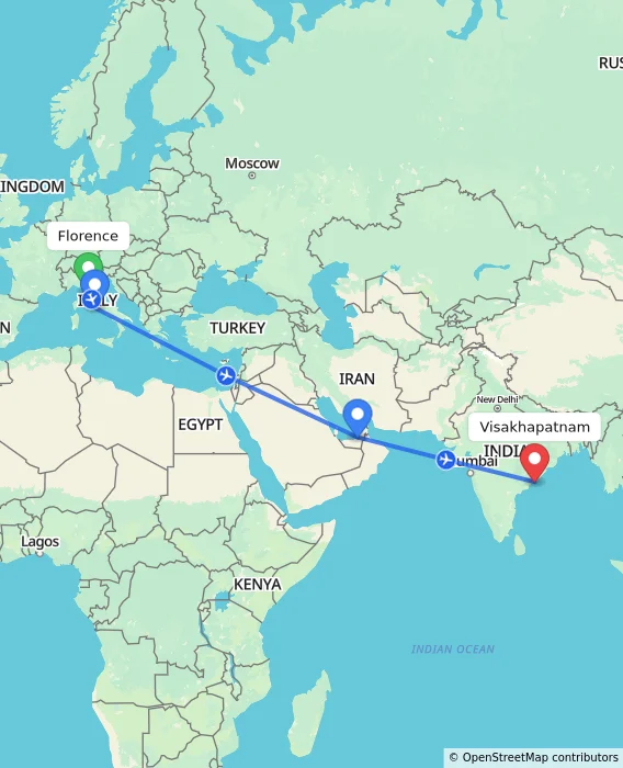 Route map showing distance and travel time from Florence, Italy to Visakhapatnam, India