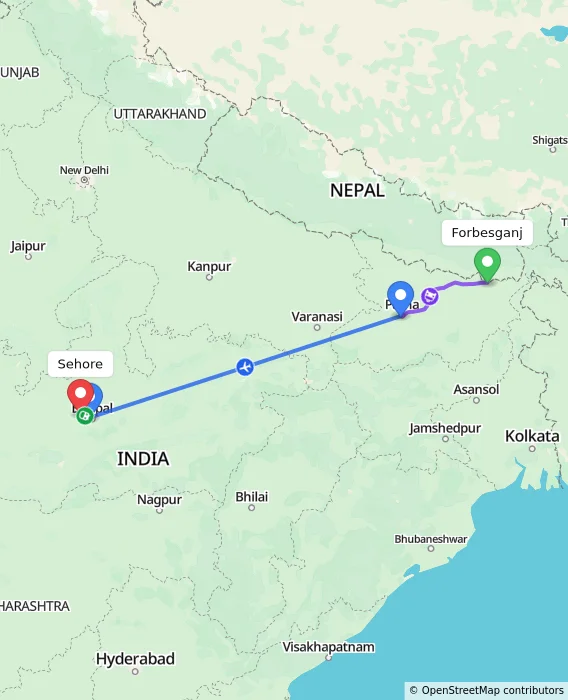 Route map showing distance and travel time from Forbesganj, India to Sehore, India