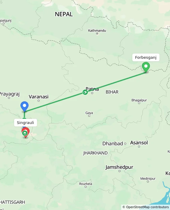 Route map showing distance and travel time from Forbesganj, India to Singrauli, India
