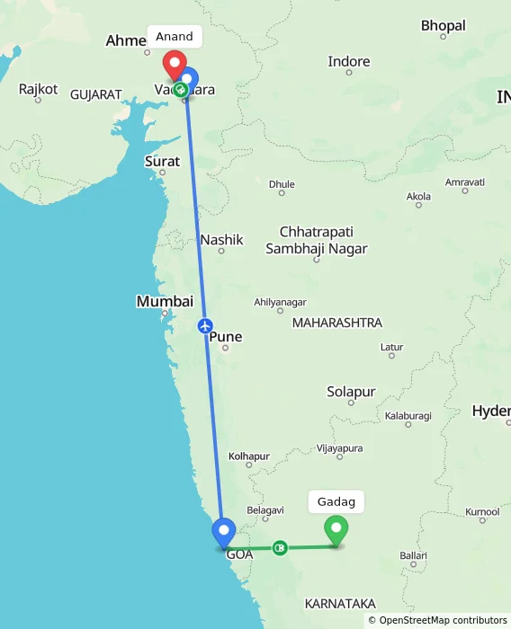Route map showing distance and travel time from Gadag, India to Anand, India