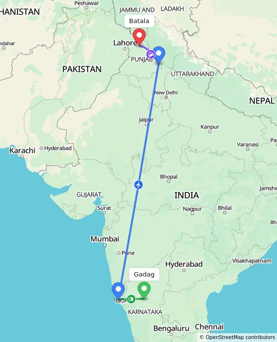 Route map showing distance and travel time from Gadag, India to Batala, India