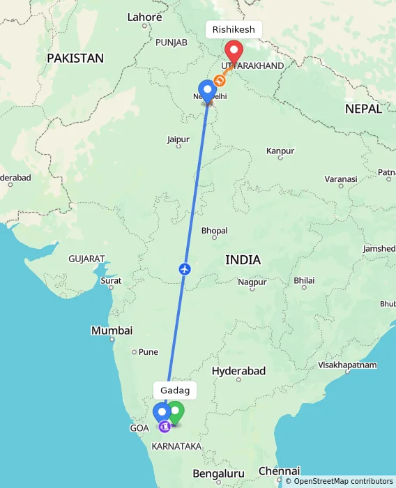 Route map showing distance and travel time from Gadag, India to Rishikesh, India