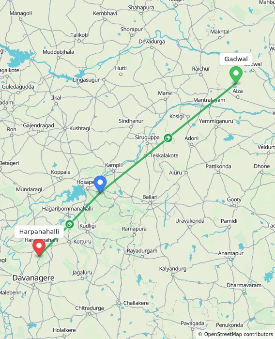 Route map showing distance and travel time from Gadwal, India to Harpanahalli, India