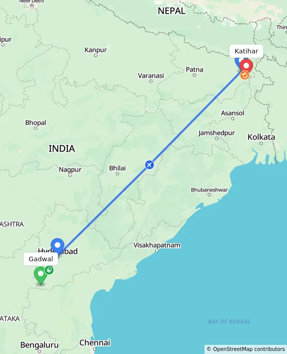 Route map showing distance and travel time from Gadwal, India to Katihar, India