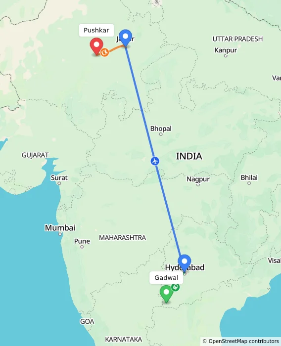 Route map showing distance and travel time from Gadwal, India to Pushkar, India