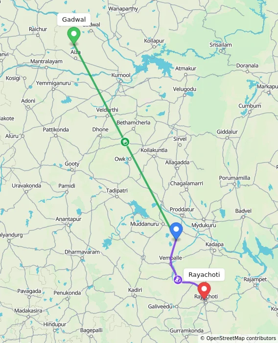 Route map showing distance and travel time from Gadwal, India to Rayachoti, India