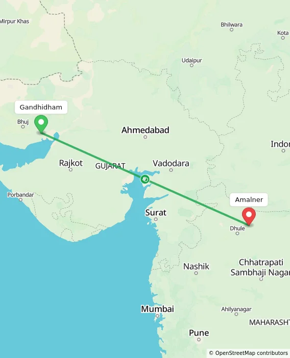 Route map showing distance and travel time from Gandhidham, India to Amalner, India