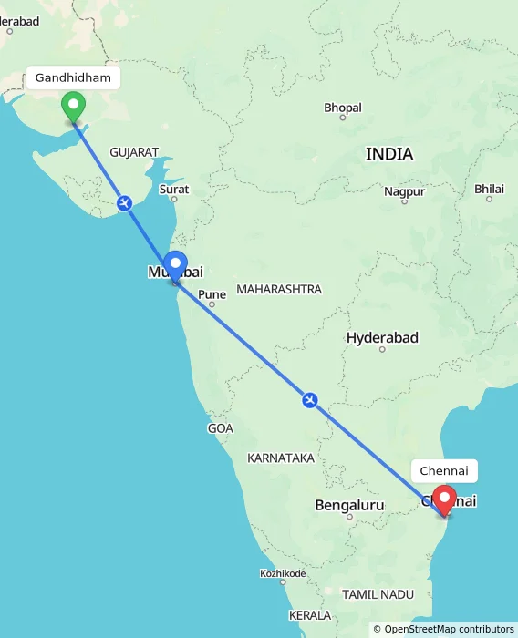 Route map showing distance and travel time from Gandhidham, India to Chennai, India