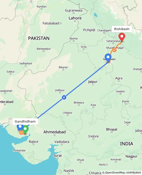 Route map showing distance and travel time from Gandhidham, India to Rishikesh, India