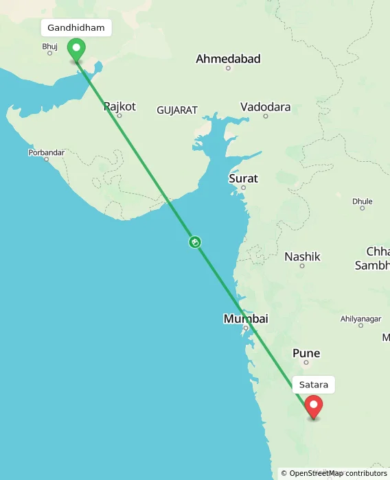 Route map showing distance and travel time from Gandhidham, India to Satara, India