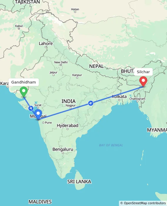 Route map showing distance and travel time from Gandhidham, India to Silchar, India