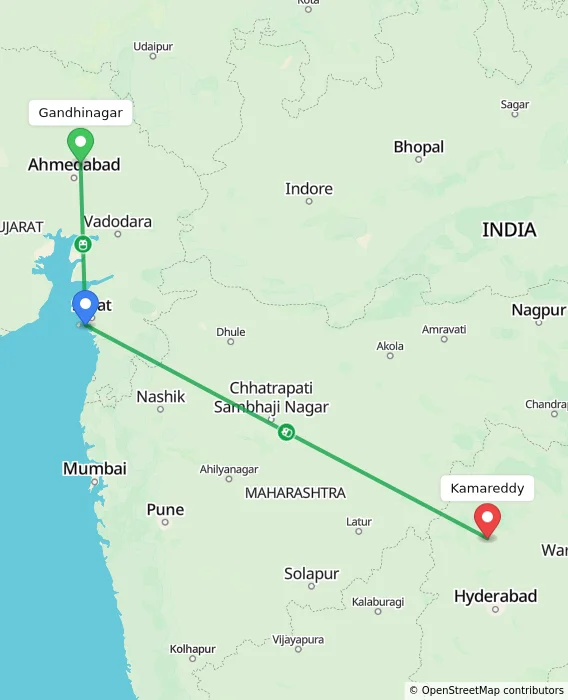 Route map showing distance and travel time from Gandhinagar, India to Kamareddy, India