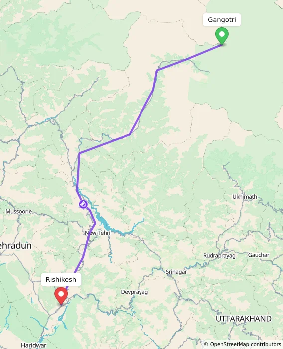 Route map showing distance and travel time from Gangotri, India to Rishikesh, India
