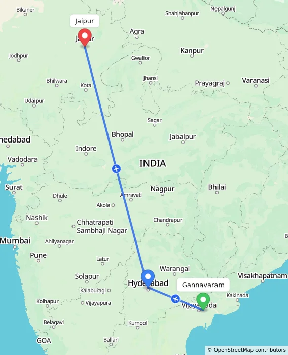 Route map showing distance and travel time from Gannavaram, India to Jaipur, India