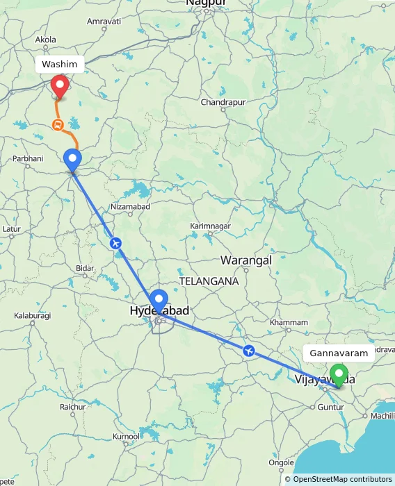 Route map showing distance and travel time from Gannavaram, India to Washim, India