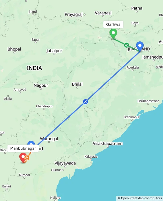 Route map showing distance and travel time from Garhwa, India to Mahbubnagar, India