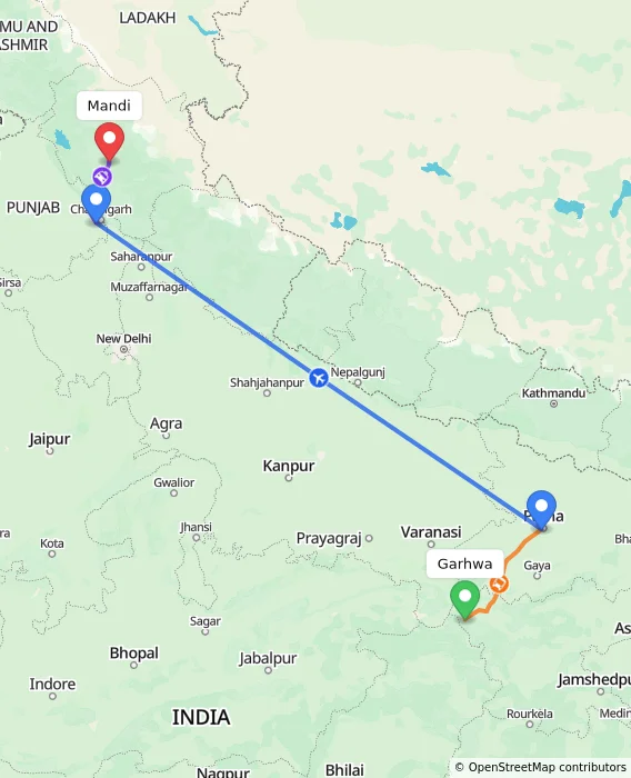 Route map showing distance and travel time from Garhwa, India to Mandi, India