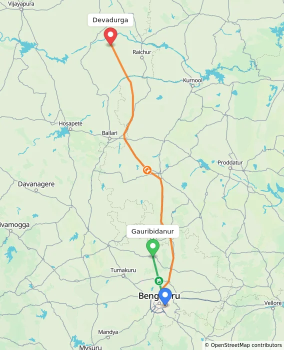 Route map showing distance and travel time from Gauribidanur, India to Devadurga, India