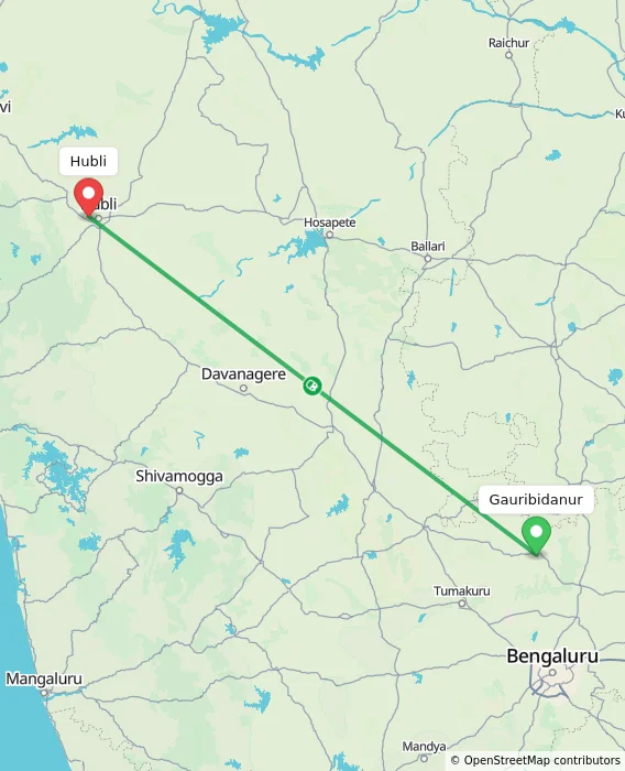 Route map showing distance and travel time from Gauribidanur, India to Hubli, India