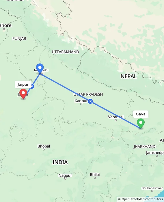 Route map showing distance and travel time from Gaya, India to Jaipur, India