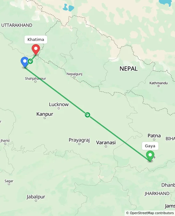 Route map showing distance and travel time from Gaya, India to Khatima, India