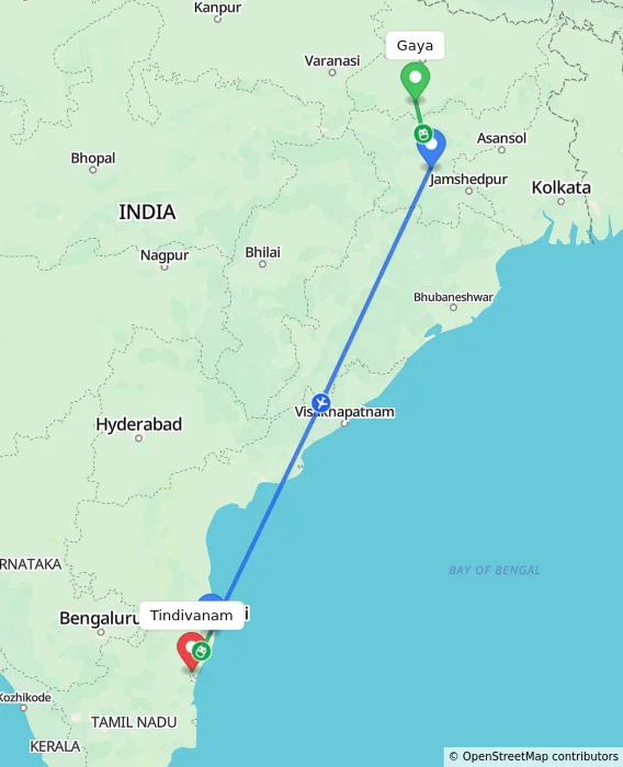 Route map showing distance and travel time from Gaya, India to Tindivanam, India