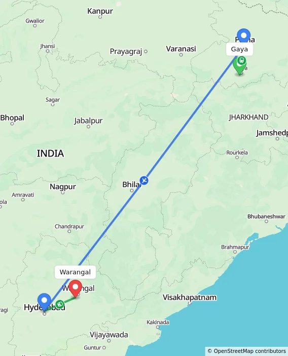 Route map showing distance and travel time from Gaya, India to Warangal, India