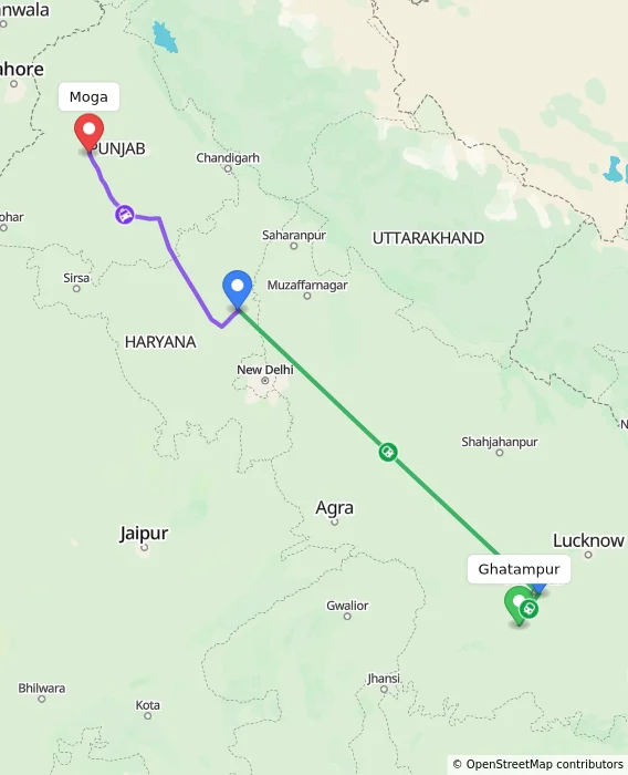 Route map showing distance and travel time from Ghatampur, India to Moga, India