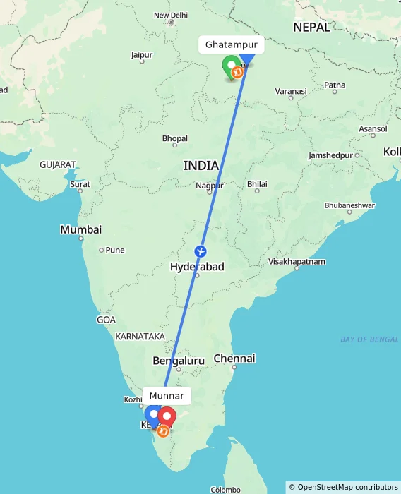 Route map showing distance and travel time from Ghatampur, India to Munnar, India