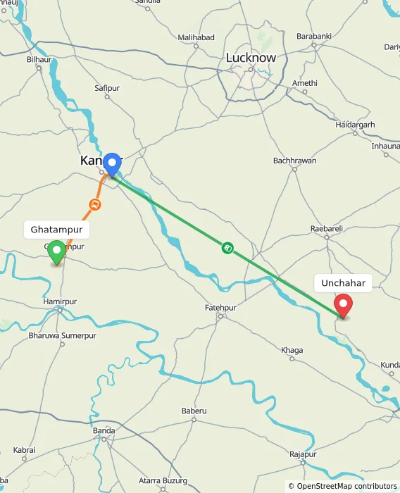 Route map showing distance and travel time from Ghatampur, India to Unchahar, India