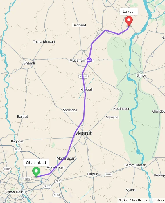 Route map showing distance and travel time from Ghaziabad, India to Laksar, India