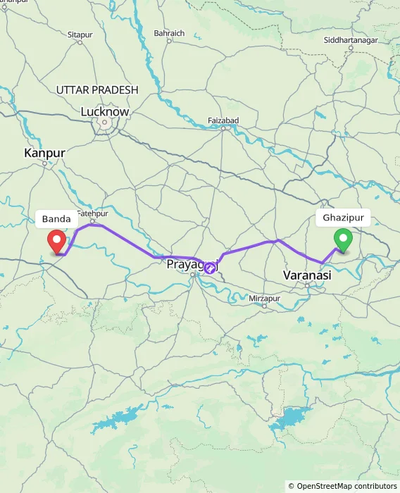 Route map showing distance and travel time from Ghazipur, India to Banda, India