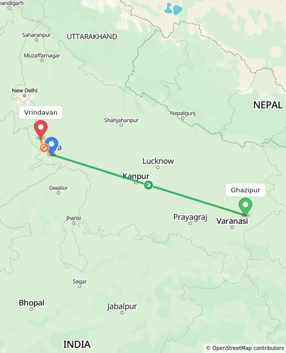 Route map showing distance and travel time from Ghazipur, India to Vrindavan, India