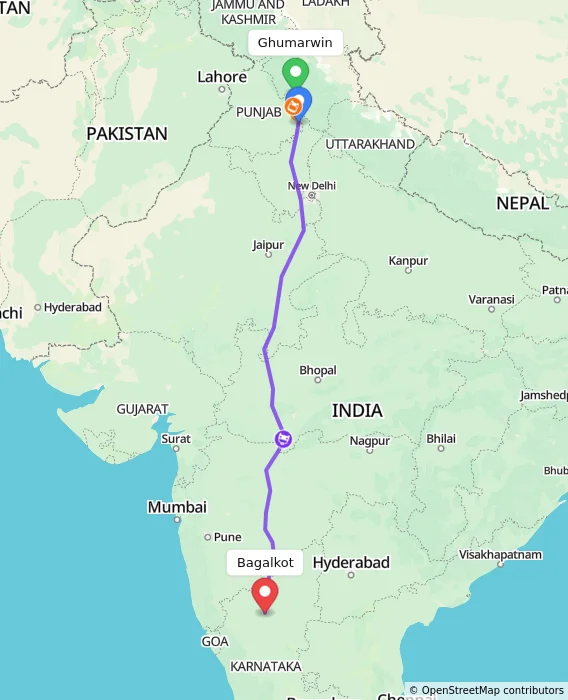 Route map showing distance and travel time from Ghumarwin, India to Bagalkot, India