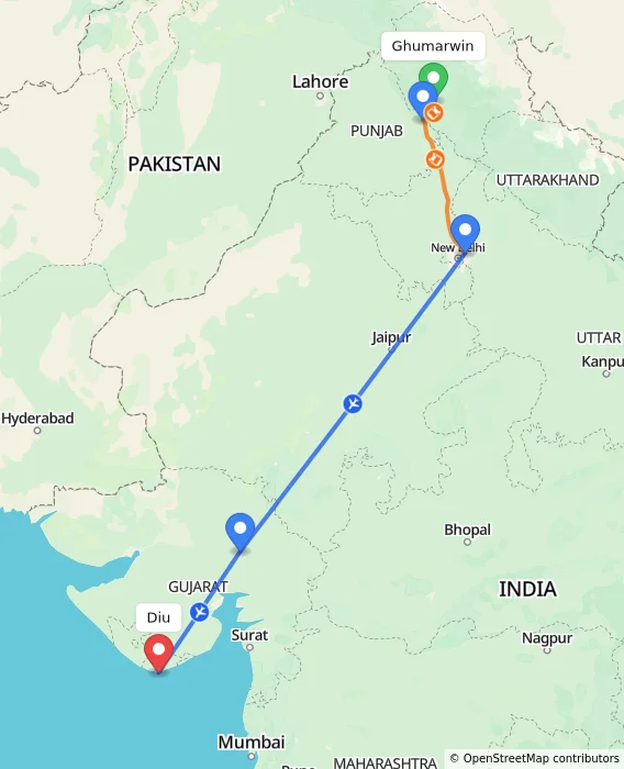 Route map showing distance and travel time from Ghumarwin, India to Diu, India