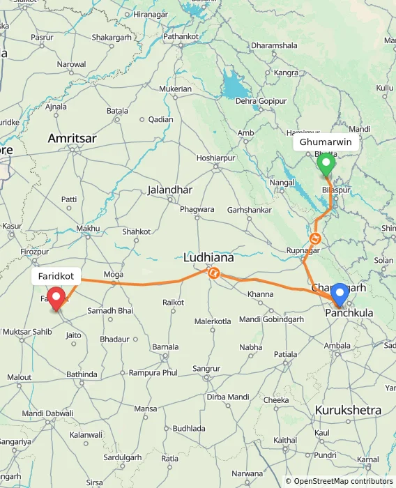 Route map showing distance and travel time from Ghumarwin, India to Faridkot, India