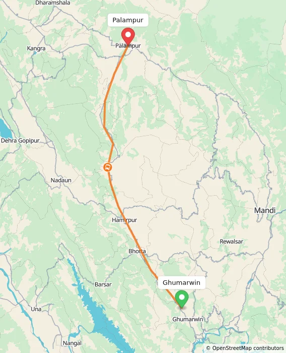 Route map showing distance and travel time from Ghumarwin, India to Palampur, India