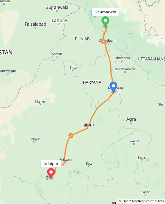 Route map showing distance and travel time from Ghumarwin, India to Udaipur, India