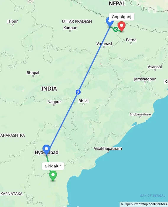 Route map showing distance and travel time from Giddalur, India to Gopalganj, India