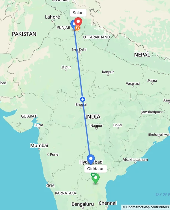 Route map showing distance and travel time from Giddalur, India to Solan, India
